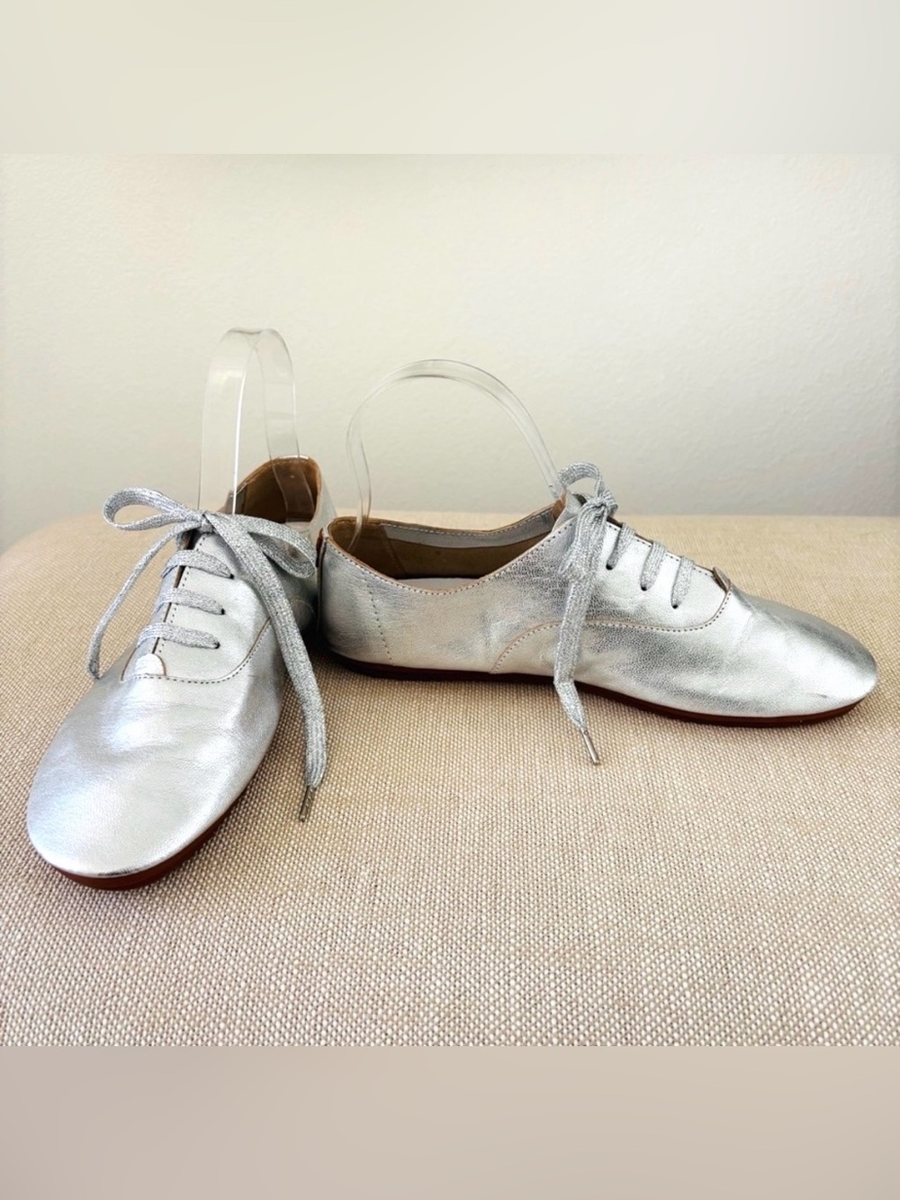 Anothersole Lucie ll Leather Flats Metallic Silver Lace-up Round Toe 39